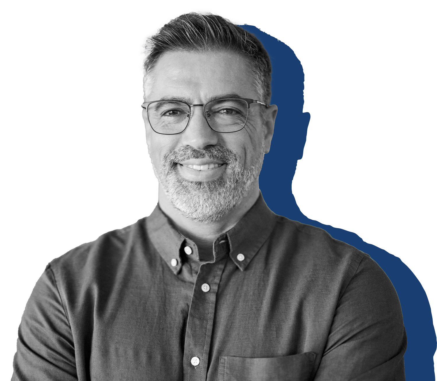Headshot of a smiling man with short hair and glasses